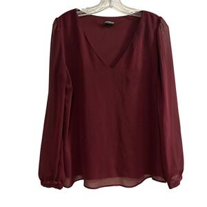 Express Burgundy Sheer Sleeve V Neck Blouse Top Women's Size Medium